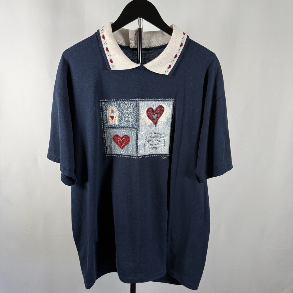 Valorie's Folk Art Applique Women's Large Cottage Core Grandmacore Short Sleeve